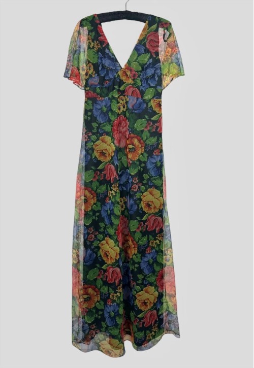 70's Vintage Sheer Floral Fluted Sleeve Maxi Dress