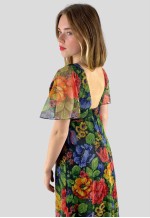 70's Vintage Sheer Floral Fluted Sleeve Maxi Dress