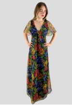 70's Vintage Sheer Floral Fluted Sleeve Maxi Dress
