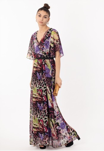 Short Sleeve Wrap Maxi Dress in multi purple leopard print