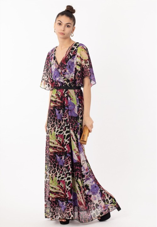 Short Sleeve Wrap Maxi Dress in multi purple leopard print