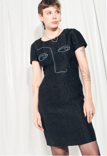 Vintage Dress 60s Reworked Weird Face Embroidery Mod Dress