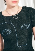 Vintage Dress 60s Reworked Weird Face Embroidery Mod Dress