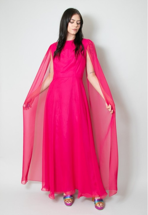 70's Vintage Ladies Maxi Dress Pink With Attached Cape