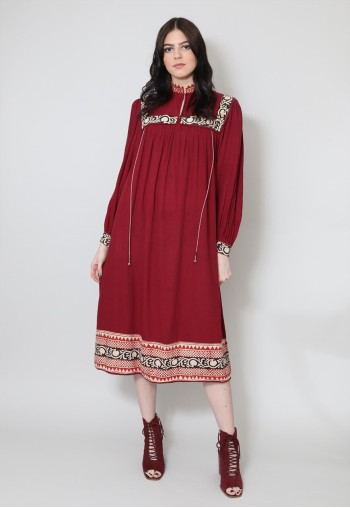 40% New 70's Vintage Maroon Bell Sleeve Smock Midi Dress