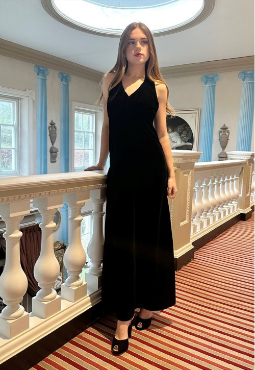 70's Vintage Black Velvet Halter Neck Maxi Dress