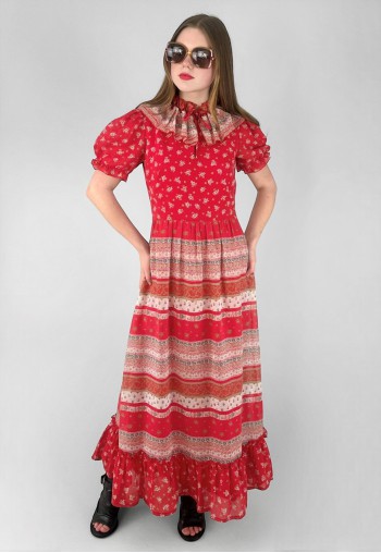70's Vintage Red Short Sleeve Ruffle Prairie Maxi Dress