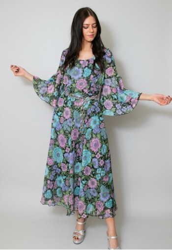 Vintage 70's Jobi Black Blue Floral Wide Sleeve Midi Dress