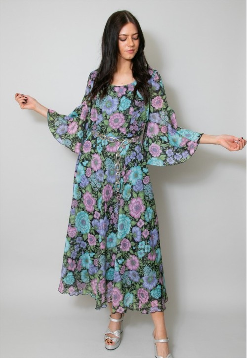 Vintage 70's Jobi Black Blue Floral Wide Sleeve Midi Dress
