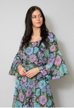 Vintage 70's Jobi Black Blue Floral Wide Sleeve Midi Dress