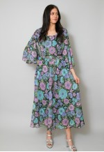 Vintage 70's Jobi Black Blue Floral Wide Sleeve Midi Dress
