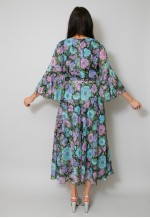 Vintage 70's Jobi Black Blue Floral Wide Sleeve Midi Dress