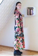 Black long maxi vintage shirt dress with bright flowers