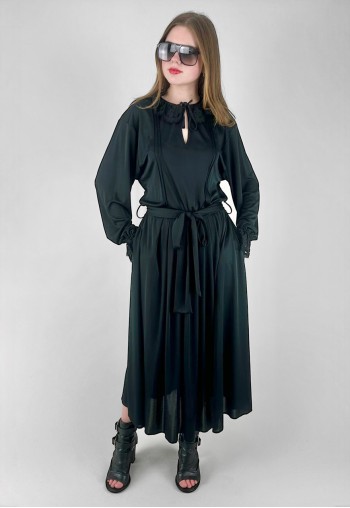 70's Vintage Black Long Sleeve Lace Ladies Midi Dress