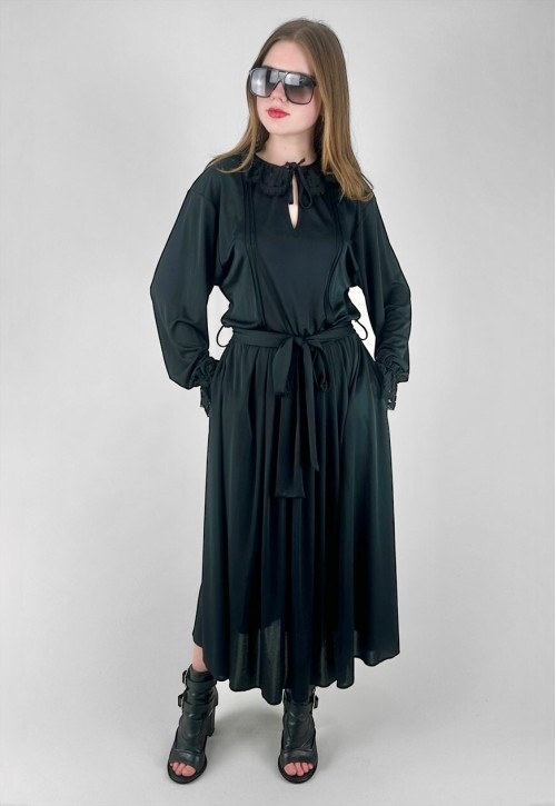 70's Vintage Black Long Sleeve Lace Ladies Midi Dress