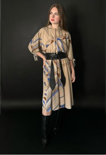 80's Vintage Brown Batwing Pussy Bow Midi Dress