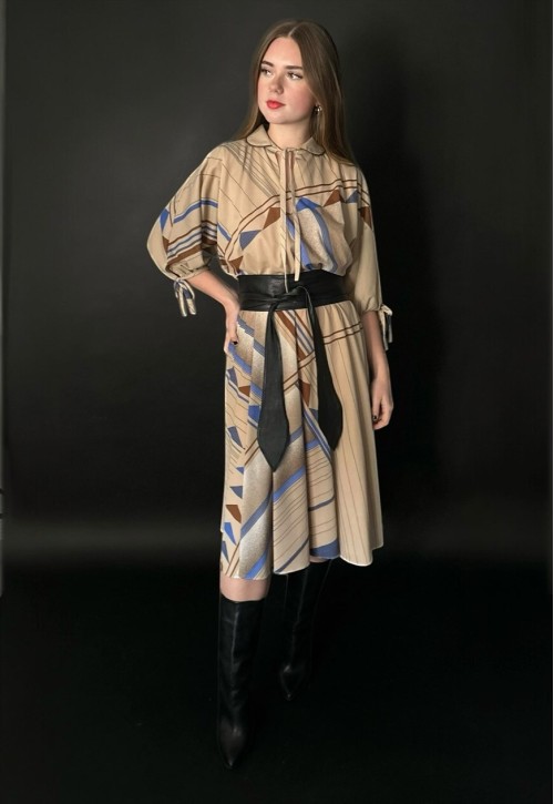 80's Vintage Brown Batwing Pussy Bow Midi Dress