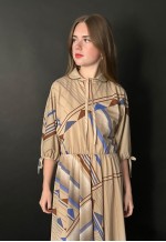 80's Vintage Brown Batwing Pussy Bow Midi Dress