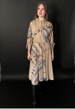 80's Vintage Brown Batwing Pussy Bow Midi Dress