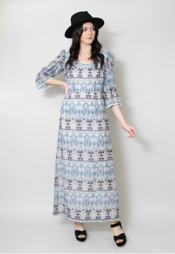 70's Vintage Ladies Dress Blue Cotton Floral Prairie Maxi