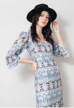 70's Vintage Ladies Dress Blue Cotton Floral Prairie Maxi