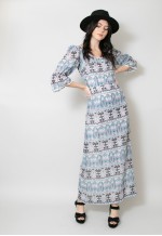 70's Vintage Ladies Dress Blue Cotton Floral Prairie Maxi