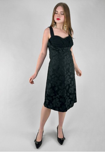 50's Vintage Black Satin Ladies Evening Floral Dress