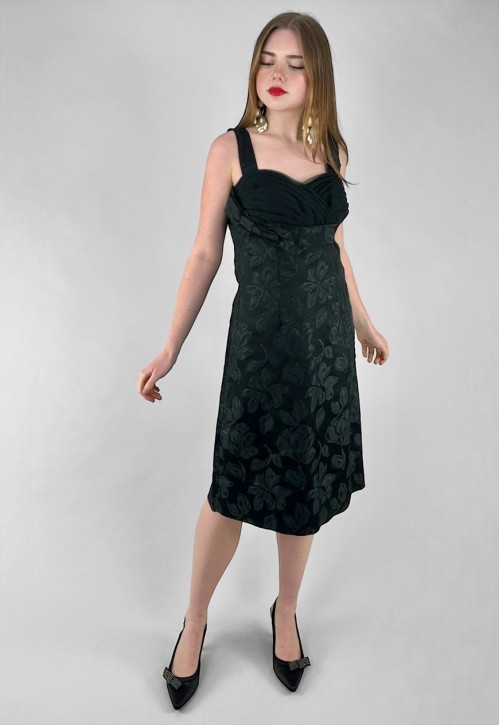 50's Vintage Black Satin Ladies Evening Floral Dress