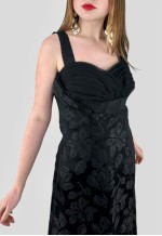 50's Vintage Black Satin Ladies Evening Floral Dress