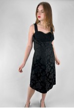 50's Vintage Black Satin Ladies Evening Floral Dress