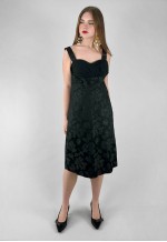50's Vintage Black Satin Ladies Evening Floral Dress