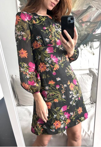 70s Black Floral Mini Dress - Small