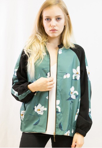 Bomber Jacket in Black and Green Floral Print