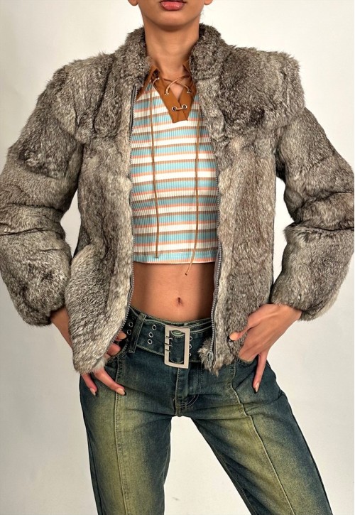 Vintage 70s Grey Faux Fur Short Jacket with Zip Closure