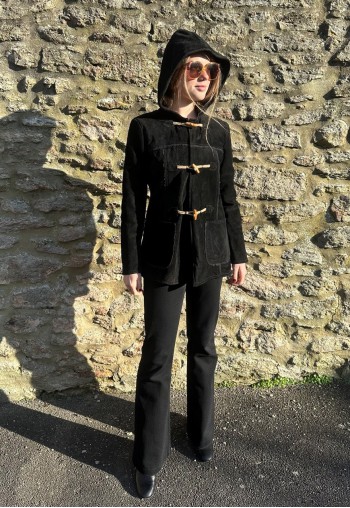 Vintage 70's Black Suede Hooded Duffle Coat Small