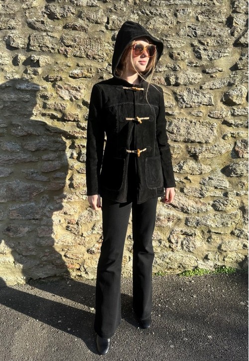 Vintage 70's Black Suede Hooded Duffle Coat Small
