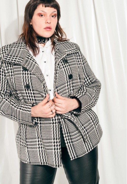 Vintage Winter Coat 90s Grey Houndstooth Plaid Grunge Jacket